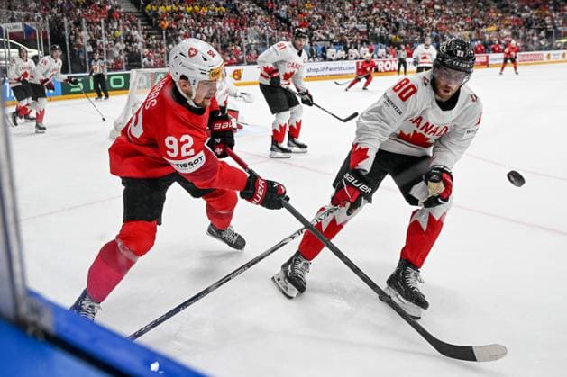 PRAGUE, CZECH REPUBLIC MAY 25 Gaetan Haas of Switzerland and Pierre Luc Dubois of Canada battle for the puck during the 2024 IIHF Ice Hockey World Championship Czechia Semifinal match between Canada and Switzerland at Prague Arena on May 25, 2024 in Prague, Czech Republic Prague Prague Arena Czech Republic Copyright: xJustPictures.ch AndreaxBrancax jp-en-EuSpIm-AB_25052024_DSC_7137