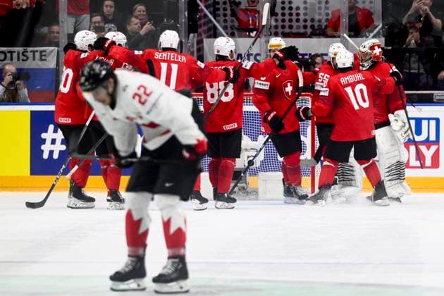 Players of Switzerland celebrate a victory after the 2024 IIHF World Championship, WM, Weltmeisterschaft semi-final match Canada vs Switzerland, in Prague, Czech Republic, on May 25, 2024. (CTKxPhoto OndrejxDeml) CTKPhotoP2024052507076  CTKPhotoP2024052507076