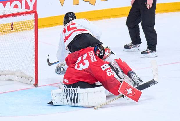 Owen Power CAN 25 failed against Leonardo Genoni Nr. 63 of Switzerland in the penalty shootout of the semi final match CANADA - SWITZERLAND of the IIHF Ice hockey, Eishockey World Championship, WM, Weltmeisterschaft in Prague, Czechia, May 25, 2024, Season 2023 2024