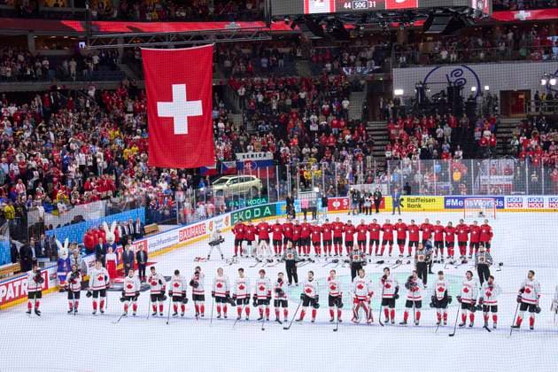 Team SUI celebrates the victory in the semi final match CANADA - SWITZERLAND of the IIHF Ice hockey, Eishockey World Championship, WM, Weltmeisterschaft in Prague, Czechia, May 25, 2024, Season 2023 2024