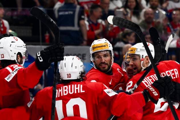 Players of Switzerland celebrate a goal during the 2024 IIHF World Championship, WM, Weltmeisterschaft semi-final match Canada vs Switzerland, in Prague, Czech Republic, on May 25, 2024. (CTKxPhoto OndrejxDeml) CTKPhotoP2024052507174  CTKPhotoP2024052507174
