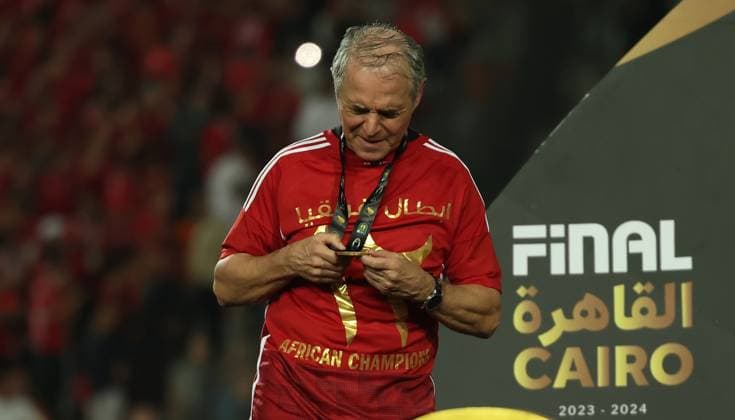 CAIRO, EGYPT - MAY 25: head coach Marcel Koller celebrate on stage with a trophy after wining the CAF Champions League Final Second Leg match between Al Ahly and Esperance Sportive Tunis at Cairo International Stadium on May 25, 2024 in Cairo, Al Ahly v Esperance Sportive Tunis: Final Second Leg - CAF Champions League Copyright: xPhotoxbyxM.Bayoumy SFSIx