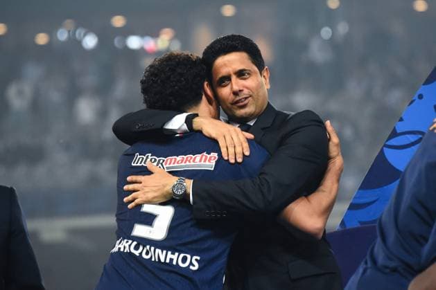 Marquinhos ( 5 - PSG ) celebrates with Nasser Al Khelaifi ( president PSG ) following the Final French Cup match between Olympique Lyonnais and Paris Saint Germain at Decathlon Arena Stade Pierre Mauroy on May 25, 2024 in Lille, France. ( Photo by federico pestellini panoramic ) - FOOTBALL : Lyon vs PSG - Finale Coupe de France - 25 05 2024 FedericoPestellini Panoramic 