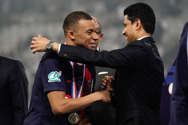 Kylian Mbappe of PSG is embraced by PSG president Nasser Al-Khelaifi Lyon v Paris Saint-Germain, Coupe de France, Final, Football, Stade Pierre-Mauroy, Lille, Paris - 25 May 2024 EDITORIAL USE ONLY No use with unauthorised audio, video, data, fixture lists, club league logos or live services. Online in-match use limited to 120 images, no video emulation. No use in betting, games or single club league player publications. Copyright: xDavexWinter Shutterstockx 14506126mo