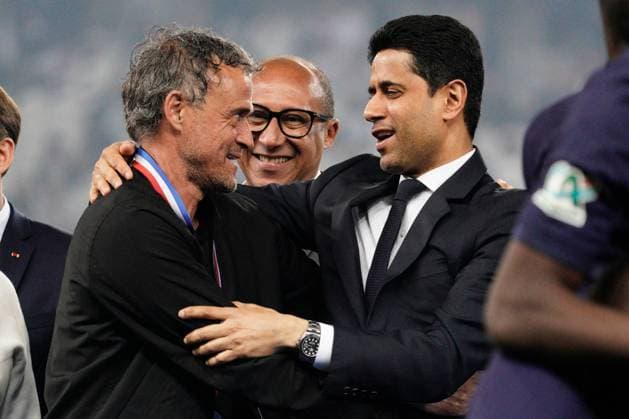 PSG president Nasser Al-Khelaifi embraces PSG coach Luis Enrique Lyon v Paris Saint-Germain, Coupe de France, Final, Football, Stade Pierre-Mauroy, Lille, Paris - 25 May 2024 EDITORIAL USE ONLY No use with unauthorised audio, video, data, fixture lists, club league logos or live services. Online in-match use limited to 120 images, no video emulation. No use in betting, games or single club league player publications. Copyright: xDavexWinter Shutterstockx 14506126mu