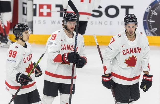 Canada v Switzerland - IIHF Ice hockey, Eishockey World Championship, WM, Weltmeisterschaft Semi-final Connor Bedard, Dawson Mercer, and Martins Dzierkals (LAT) are playing during the IIHF Ice Hockey World Championship semi-final, Canada vs. Switzerland match in Prague, Czech Republic, on May 25, 2024. Prague Czech Republic  Copyright: xFotoxOlimpikx originalFilename:jastrzebowski-canadavs240525_npZLA.jpg