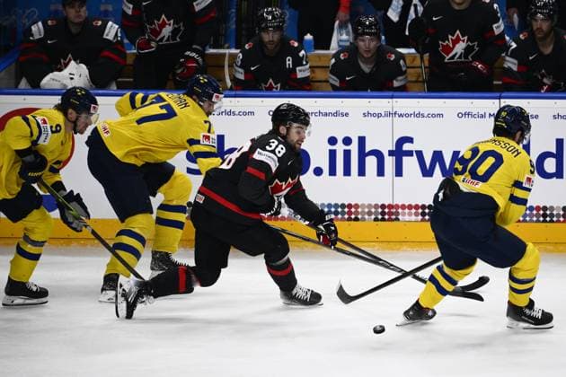 L-R Adrian Kempe (SWE), Victor Hedman (SWE), Brandon Hagel (CAN) and Marcus Johansson (SWE) in action during the 2024 IIHF World Championship, WM, Weltmeisterschaft match for the third place, Sweden vs Canada, in Prague, Czech Republic, on May 26, 2024. (CTKxPhoto OndrejxDeml) CTKPhotoP2024052603615  CTKPhotoP2024052603615