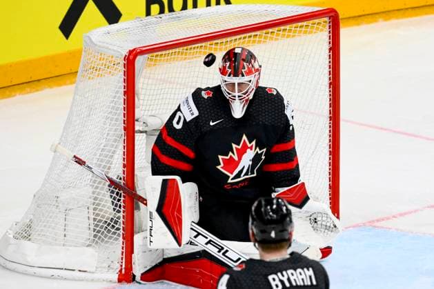 Goalkeeper Jordan Binnington (CAN) in action during the 2024 IIHF World Championship, WM, Weltmeisterschaft match for the third place, Sweden vs Canada, in Prague, Czech Republic, on May 26, 2024. (CTKxPhoto OndrejxDeml) CTKPhotoP2024052603879  CTKPhotoP2024052603879