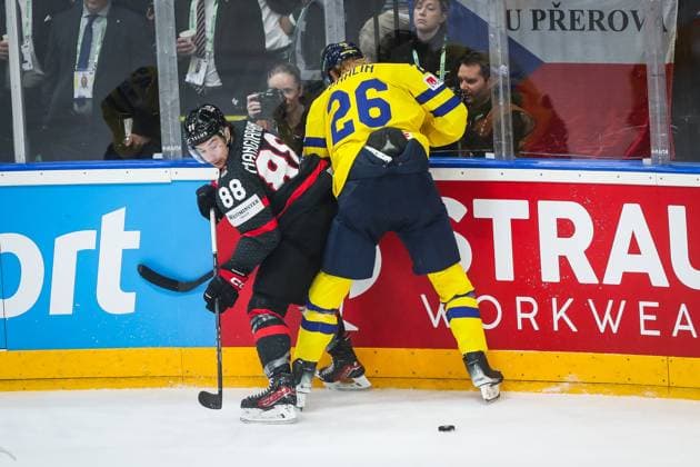 SWEDEN CANADA BRONZE MEDAL GAME IIHF World Championship, WM, Weltmeisterschaft 2024 CZECHIA PRAGUE - OSTRAVA Rasmus Dahlin of Sweden and Andrew Mangiapane of Canada during the bronze medal game of the IIHF Ice hockey, Eishockey World Championship Czechia Prague - Ostrava between Sweden and Canada. O2 Arena, Prague, Czechia, May 26, 2024. PUBLICATION NOT IN SLOVAKIA PUBLICATION NOT IN SVK Prague Copyright: xBranislavxRackox AS0I6676