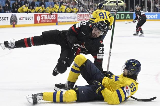L-R Nick Paul (CAN) and Linus Johansson (SWE) in action during the 2024 IIHF World Championship, WM, Weltmeisterschaft match for the third place, Sweden vs Canada, in Prague, Czech Republic, on May 26, 2024. (CTKxPhoto MichalxKamaryt) CTKPhotoP2024052604059  CTKPhotoP2024052604059