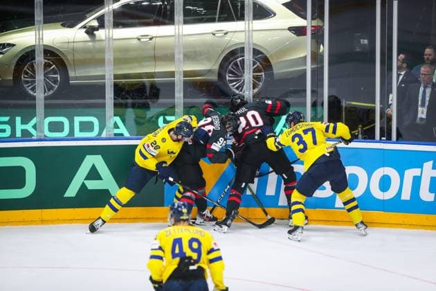 SWEDEN CANADA BRONZE MEDAL GAME IIHF World Championship, WM, Weltmeisterschaft 2024 CZECHIA PRAGUE - OSTRAVA Marcus Pettersson, Isac Lundestrom of Sweden and Nick Paul, Connor Bedard of Canada during the bronze medal game of the IIHF Ice hockey, Eishockey World Championship Czechia Prague - Ostrava between Sweden and Canada. O2 Arena, Prague, Czechia, May 26, 2024. PUBLICATION NOT IN SLOVAKIA PUBLICATION NOT IN SVK Prague Copyright: xBranislavxRackox AS0I6752