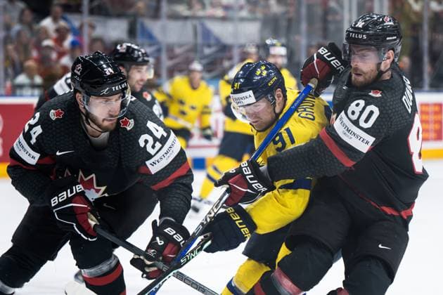 240526 Jamie Oleksiak of Canada, Carl Grundström of Sweden and Pierre Luc Dubois of Canada during the 2024 IIHF Ice Hockey World Championship bronze medal game between Sweden and Canada on May 26, 2024 in Prague Photo Maxim Thore BILDBYRAN kod MT MT0605 ishockey ice hockey ishockey vm sweden canada 2024 iihf ice hockey world championship bbeng bronsmatch sverige kanada  Copyright: MAXIMxTHORE BB240526MT047