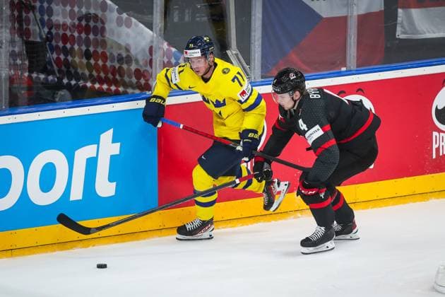 SWEDEN CANADA BRONZE MEDAL GAME IIHF World Championship, WM, Weltmeisterschaft 2024 CZECHIA PRAGUE - OSTRAVA Victor Olofsson of Sweden and Bowen Byram of Canada during the bronze medal game of the IIHF Ice hockey, Eishockey World Championship Czechia Prague - Ostrava between Sweden and Canada. O2 Arena, Prague, Czechia, May 26, 2024. PUBLICATION NOT IN SLOVAKIA PUBLICATION NOT IN SVK Prague Copyright: xBranislavxRackox AS0I6849