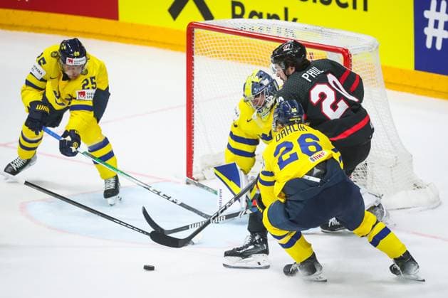 SWEDEN CANADA BRONZE MEDAL GAME IIHF World Championship, WM, Weltmeisterschaft 2024 CZECHIA PRAGUE - OSTRAVA Jonas Brodin, Rasmus Dahlin, Filip Gustavsson of Sweden and Nick Paul of Canada during the bronze medal game of the IIHF Ice hockey, Eishockey World Championship Czechia Prague - Ostrava between Sweden and Canada. O2 Arena, Prague, Czechia, May 26, 2024. PUBLICATION NOT IN SLOVAKIA PUBLICATION NOT IN SVK Prague Copyright: xBranislavxRackox AS0I6887