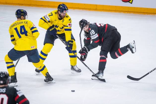 SWEDEN CANADA BRONZE MEDAL GAME IIHF World Championship, WM, Weltmeisterschaft 2024 CZECHIA PRAGUE - OSTRAVA Joel Eriksson Ek, Victor Hedman of Sweden and Brandon Hagel of Canada during the bronze medal game of the IIHF Ice hockey, Eishockey World Championship Czechia Prague - Ostrava between Sweden and Canada. O2 Arena, Prague, Czechia, May 26, 2024. PUBLICATION NOT IN SLOVAKIA PUBLICATION NOT IN SVK Prague Copyright: xBranislavxRackox AS0I7090
