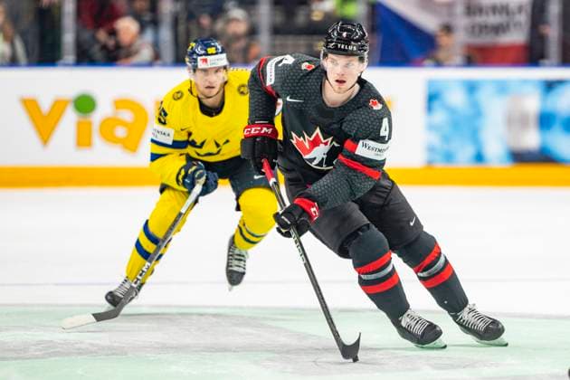 PRAGUE, CZECH REPUBLIC MAY 26 Bowen Byram of Canada in action during 2024 IIHF Ice Hockey World Championship Czechia Third Place Match between Sweden and Canada at Prague Arena on May 26, 2024 in Prague, Czech Republic Prague Prague Arena Czech Republic Copyright: xJustPictures.ch JarixPestelaccix jp-en-EuSpIm-JP4_JAR_Sweden_Canada_26May_2024120