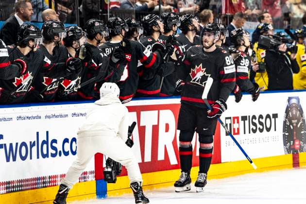 PRAGUE, CZECH REPUBLIC MAY 26 Pierre Luc Dubois of Canada celebrates his goal during 2024 IIHF Ice Hockey World Championship Czechia Third Place Match between Sweden and Canada at Prague Arena on May 26, 2024 in Prague Prague, Czech Republic Prague Prague Arena Czech Republic Copyright: xJustPictures.ch JarixPestelaccix jp-en-EuSpIm-JP4_JAR_Sweden_Canada_26May_2024174