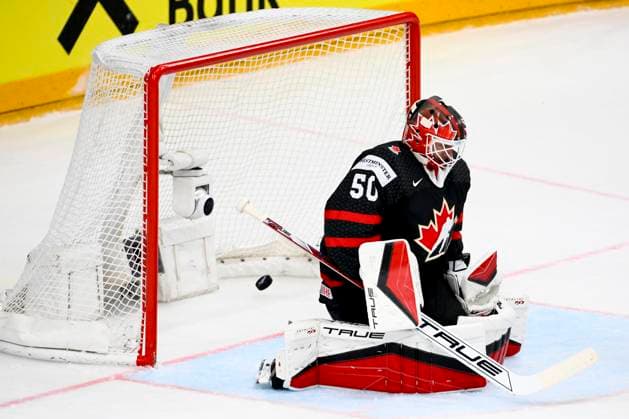 Goalkeeper Jordan Binnington (CAN) gets a goal during the 2024 IIHF World Championship, WM, Weltmeisterschaft match for the third place, Sweden vs Canada, in Prague, Czech Republic, on May 26, 2024. (CTKxPhoto OndrejxDeml) CTKPhotoP2024052604521  CTKPhotoP2024052604521