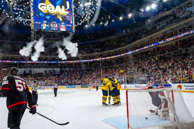 PRAGUE, CZECH REPUBLIC MAY 26 Sweden celebrates Carl Grundstrom of Sweden goal during 2024 IIHF Ice Hockey World Championship Czechia Third Place Match between Sweden and Canada at Prague Arena on May 26, 2024 in Prague Prague, Czech Republic Prague Prague Arena Czech Republic Copyright: xJustPictures.ch JarixPestelaccix jp-en-EuSpIm-JP4_JAR_Sweden_Canada_26May_2024186