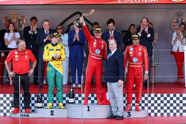 2nd place Oscar Piastri McLaren , Winner Charles Leclerc Scuderia Ferrari HP , 3rd place Carlos Sainz jr Scuderia Ferrari HP , Fuerstt of Monaco Albert II, Race, Grand Prix of Monaco, Motorsport, Men, Formula 1, 26 05 2024 Monte Carlo Monaco MCO Copyright: xkolbert-press ChristianxKolbertx