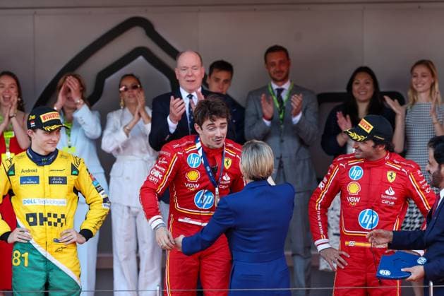 2nd place Oscar Piastri McLaren , Winner Charles Leclerc Scuderia Ferrari HP , 3rd place Carlos Sainz jr Scuderia Ferrari HP , Fuerstin Charlene of Monaco, Race, Grand Prix of Monaco, Motorsport, Men, Formula 1, 26 05 2024 Monte Carlo Monaco MCO Copyright: xkolbert-press ChristianxKolbertx