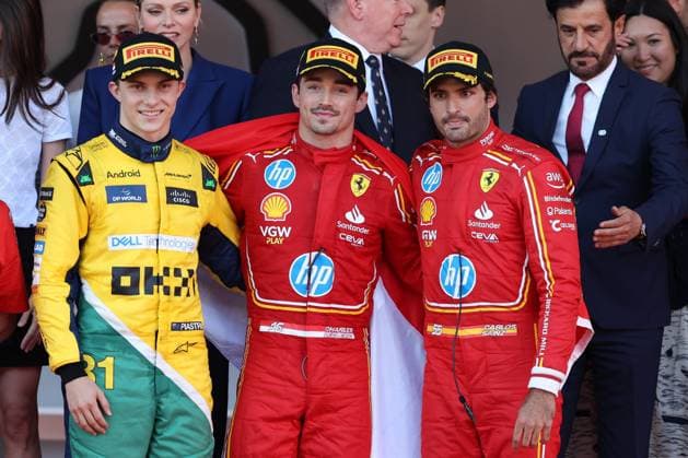 2nd place Oscar Piastri McLaren , Winner Charles Leclerc Scuderia Ferrari HP , 3rd place Carlos Sainz jr Scuderia Ferrari HP , Race, Monaco Grand Prix, Motorsport, Men, Formula 1, 26 05 2024 Monte Carlo Monaco MCO Copyright: xkolbert-press ChristianxKolbertx