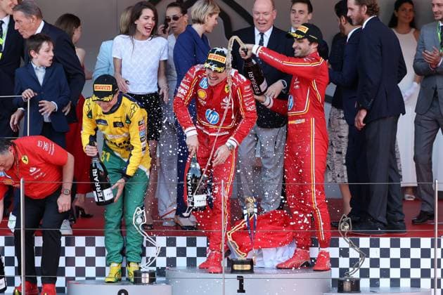 champagne shower, 2nd place Oscar Piastri McLaren , Winner Charles Leclerc Scuderia Ferrari HP , 3rd place Carlos Sainz jr Scuderia Ferrari HP , Race, Monaco Grand Prix, Motorsport, Men, Formula 1, 26 05 2024 Monte Carlo Monaco MCO Copyright: xkolbert-press ChristianxKolbertx