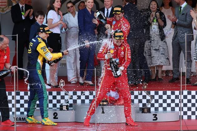 champagne shower, 2nd place Oscar Piastri McLaren , Winner Charles Leclerc Scuderia Ferrari HP , 3rd place Carlos Sainz jr Scuderia Ferrari HP , Race, Monaco Grand Prix, Motorsport, Men, Formula 1, 26 05 2024 Monte Carlo Monaco MCO Copyright: xkolbert-press ChristianxKolbertx