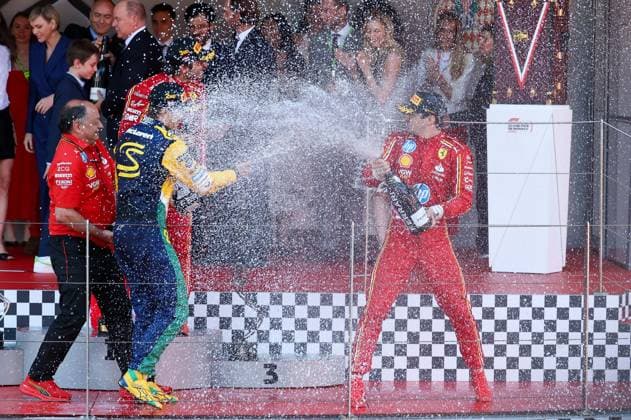 champagne shower, 2nd place Oscar Piastri McLaren , Winner Charles Leclerc Scuderia Ferrari HP , 3rd place Carlos Sainz jr Scuderia Ferrari HP , Race, Monaco Grand Prix, Motorsport, Men, Formula 1, 26 05 2024 Monte Carlo Monaco MCO Copyright: xkolbert-press ChristianxKolbertx