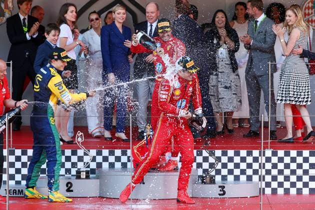 champagne shower, 2nd place Oscar Piastri McLaren , Winner Charles Leclerc Scuderia Ferrari HP , 3rd place Carlos Sainz jr Scuderia Ferrari HP , Race, Monaco Grand Prix, Motorsport, Men, Formula 1, 26 05 2024 Monte Carlo Monaco MCO Copyright: xkolbert-press ChristianxKolbertx
