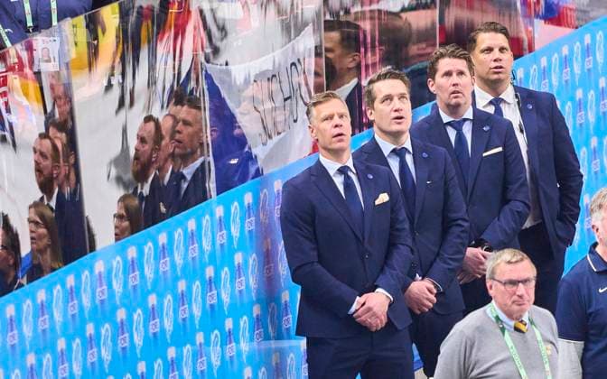 Coaches SWE with Sam Hallam, Head Coach of Sweden, Trainer, in the Bronze Medal game SWEDEN - CANADA 3-2 of the IIHF Ice hockey, Eishockey World Championship, WM, Weltmeisterschaft in Prague, Czechia, May 26, 2024, Season 2023 2024