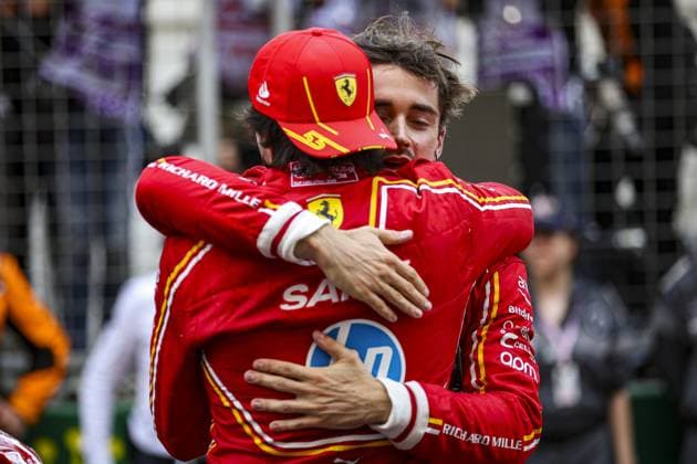 LECLERC Charles (mco), Scuderia Ferrari SF-24, portrait, celebrate his win with SAINZ Carlos (spa), Scuderia Ferrari SF-24, portrait during the Formula 1 Grand Prix de Monaco 2024, 8th round of the 2024 Formula One World Championship, WM, Weltmeisterschaft from May 23 to 26, 2024 on the Circuit de Monaco, in Monaco - F1 - MONACO GRAND PRIX 2024 DPPI Panoramic 240526_R08_MONACO_DP_EA014847