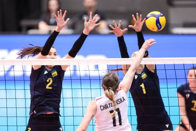 VOLLEYBALL - CEV Golden League, AUT vs UKR SCHWECHAT,AUSTRIA,26.MAY.24 - VOLLEYBALL - CEV European Golden League, ladies, Austria vs Ukraine. Image shows Diana Meliushkyna (UKR), Monika Chrtianska (AUT) and Oleksandra Milenko (UKR).  GEPAxpictures xArminxRauthner