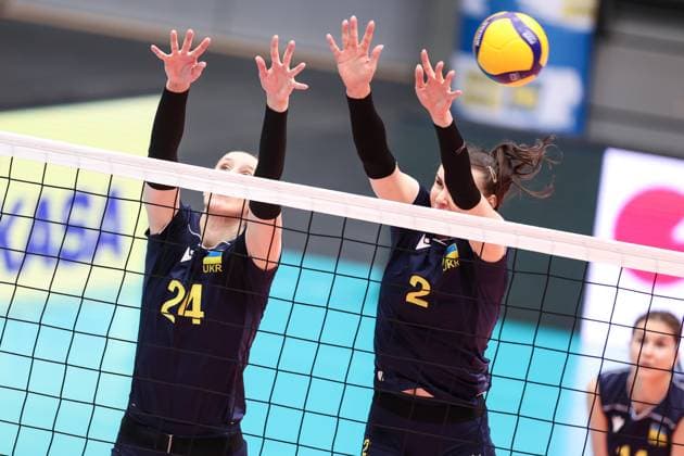 VOLLEYBALL - CEV Golden League, AUT vs UKR SCHWECHAT,AUSTRIA,26.MAY.24 - VOLLEYBALL - CEV European Golden League, ladies, Austria vs Ukraine. Image shows Anastasia Kraiduba and Diana Meliushkyna (UKR).  GEPAxpictures xArminxRauthner