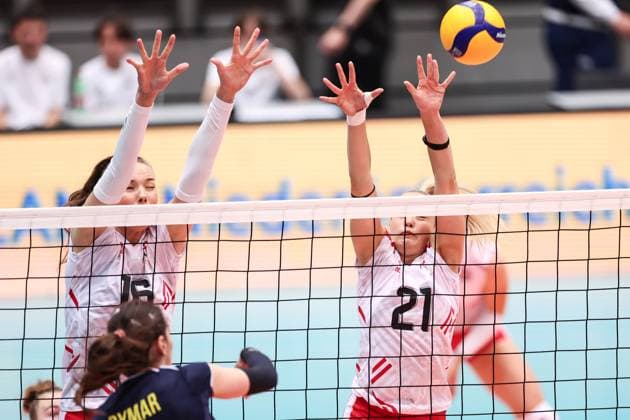 VOLLEYBALL - CEV Golden League, AUT vs UKR SCHWECHAT,AUSTRIA,26.MAY.24 - VOLLEYBALL - CEV European Golden League, ladies, Austria vs Ukraine. Image shows Anamarija Galic and Verena Janka (AUT).  GEPAxpictures xArminxRauthner