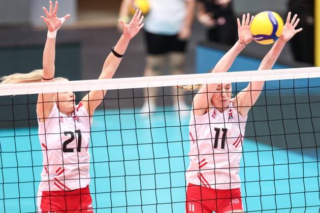 VOLLEYBALL - CEV Golden League, AUT vs UKR SCHWECHAT,AUSTRIA,26.MAY.24 - VOLLEYBALL - CEV European Golden League, ladies, Austria vs Ukraine. Image shows Verena Janka and Monika Chrtianska (AUT).  GEPAxpictures xArminxRauthner