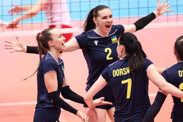 VOLLEYBALL - CEV Golden League, AUT vs UKR SCHWECHAT,AUSTRIA,26.MAY.24 - VOLLEYBALL - CEV European Golden League, ladies, Austria vs Ukraine. Image shows the rejoicing of Oleksandra Milenko, Diana Meliushkyna and Svitlana Dorsman (UKR).  GEPAxpictures xArminxRauthner