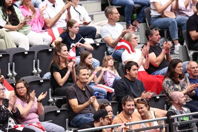 VOLLEYBALL - CEV Golden League, AUT vs UKR SCHWECHAT,AUSTRIA,26.MAY.24 - VOLLEYBALL - CEV European Golden League, ladies, Austria vs Ukraine. Image shows fans of AUT.  GEPAxpictures xArminxRauthner