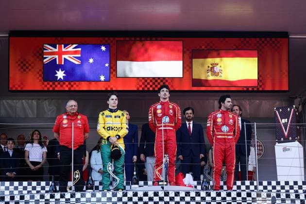 F1 Grand Prix Of Monaco 2024 Frederic Vasseur, Oscar Piastri of McLaren, Charles Leclerc of Ferrari and Carlos Sainz of Ferrari after Grand Prix of Monaco at Circuit de Monaco in Monaco on May 26, 2023. Monaco Monaco  Copyright: xJakubxPorzyckix originalFilename:porzycki-f1grandp240526_npm4J.jpg