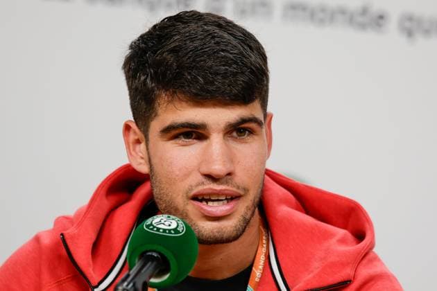 26 05 2024 Tennis, French Open 2024 Roland Garros, FRA, Paris, Men™s Singles Court Philippe Chatrier FIRST ROUND J J Wolf USA Carlos Alcaraz SPA Picture from left Carlos Alcaraz SPA Press conference Copyright: HMBxMedia AntonioxBorga