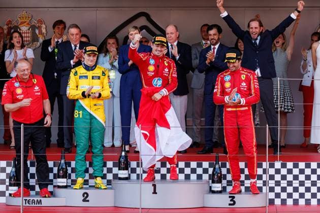 Charles Leclerc Scuderia Ferrari HP, 16 celebrates his victory, left Frederic Vasseur Scuderia Ferrari HP, Team Principal , Oscar Piastri McLaren Formula 1 Team, 81 , right Carlos Sainz Scuderia Ferrari HP, 55 , behind him Fuerst Albert of Monaco and Fuerstin Charlene of Monaco, Monaco Grand Prix, Motorsport, Formula 1, 2023 season, 26 05 2024 Monaco Grand Prix, Motorsport, Formula 1, 2023 season, 26 05 2024 Monte Carlo Copyright: xEibner-Pressefoto AlexanderxNeisx EP_ANS