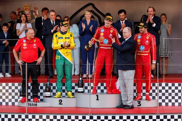 Fuerst Albert hands Charles Leclerc Scuderia Ferrari HP, 16 the winners trophy, left Frederic Vasseur Scuderia Ferrari HP, Team Principal , Oscar Piastri McLaren Formula 1 Team, 81 , right Carlos Sainz Scuderia Ferrari HP, 55 , behind Fuerst Albert of Monaco and Fuerstin Charlene of Monaco, Monaco Grand Prix, Motorsport, Formula 1, 2023 season, 26 05 2024 Monaco Grand Prix, Motorsport, Formula 1, 2023 season, 26 05 2024 Monte Carlo Copyright: xEibner-Pressefoto AlexanderxNeisx EP_ANS