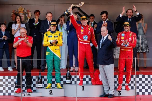 Fuerst Albert hands Charles Leclerc Scuderia Ferrari HP, 16 the winners trophy, left Frederic Vasseur Scuderia Ferrari HP, Team Principal , Oscar Piastri McLaren Formula 1 Team, 81 , right Carlos Sainz Scuderia Ferrari HP, 55 , behind Fuerst Albert of Monaco and Fuerstin Charlene of Monaco, Monaco Grand Prix, Motorsport, Formula 1, 2023 season, 26 05 2024 Monaco Grand Prix, Motorsport, Formula 1, 2023 season, 26 05 2024 Monte Carlo Copyright: xEibner-Pressefoto AlexanderxNeisx EP_ANS