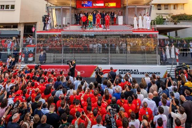 View of the podium with teams and fans in front, Monaco Grand Prix, Motorsport, Formula 1, 2023 season, 26 05 2024 Monaco Grand Prix, Motorsport, Formula 1, 2023 season, 26 05 2024 Monte Carlo Copyright: xEibner-Pressefoto AlexanderxNeisx EP_ANS