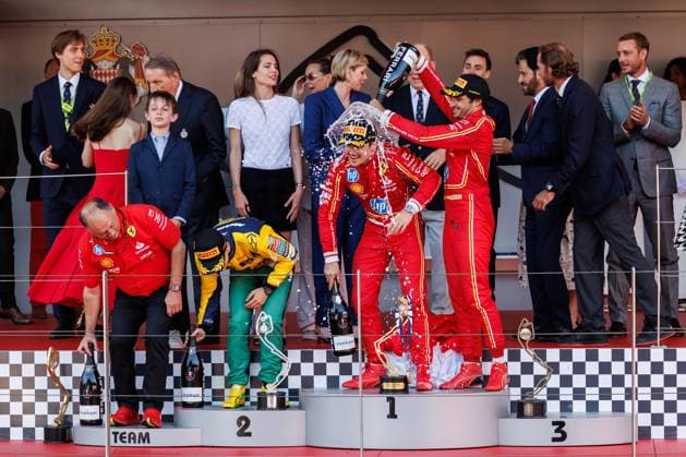 Charles Leclerc Scuderia Ferrari HP, 16 gets a champagne shower from Carlos Sainz Scuderia Ferrari HP, 55, Monaco Grand Prix, Motorsport, Formula 1, 2023 season, 26 05 2024 Monaco Grand Prix, Motorsport, Formula 1, 2023 season, 26 05 2024 Monte Carlo Copyright: xEibner-Pressefoto AlexanderxNeisx EP_ANS
