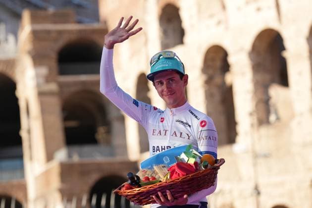 Tiberi Antonio (Team Bahrain -Victorius) white jersey on the podium during the stage 21 of the of the Giro d Italia from Rome to Rome, Italy. Sunday, May 26, 2024 cycling  Copyright: xGianxMattiaxD Albertox xLaPressex