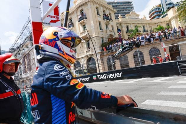 11 Sergio Perez MEX, Oracle Red Bull Racing after his crash, Damaged car of 20 Kevin Magnussen DNK, MoneyGram Haas F1 in the background, F1 Grand Prix of Monaco at Circuit de Monaco on May 26, 2024 in Monte Carlo, Monaco Photo by HOCH ZWEI Monte Carlo Monaco