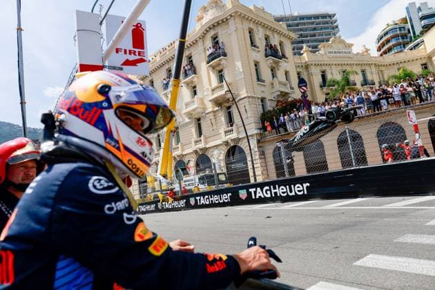 11 Sergio Perez MEX, Oracle Red Bull Racing after his crash, Damaged car of 20 Kevin Magnussen DNK, MoneyGram Haas F1 in the background, F1 Grand Prix of Monaco at Circuit de Monaco on May 26, 2024 in Monte Carlo, Monaco Photo by HOCH ZWEI Monte Carlo Monaco