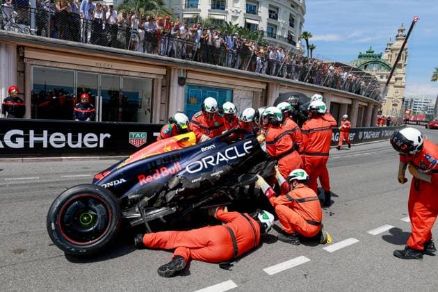 Damaged car of 11 Sergio Perez MEX, Oracle Red Bull Racing , F1 Grand Prix of Monaco at Circuit de Monaco on May 26, 2024 in Monte Carlo, Monaco Photo by HOCH ZWEI Monte Carlo Monaco