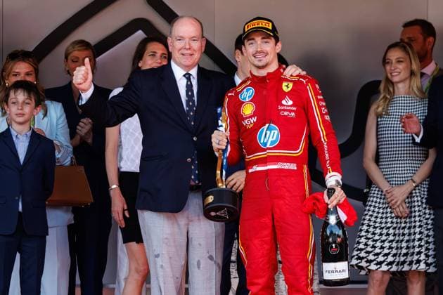 Prince Albert of Monaco celebrates victory with Charles Leclerc Scuderia Ferrari HP, 16, Monaco Grand Prix, Motorsport, Formula 1, 2023 season, 26 05 2024 Monaco Grand Prix, Motorsport, Formula 1, 2023 season, 26 05 2024 Monte Carlo Copyright: xEibner-Pressefoto AlexanderxNeisx EP_ANS